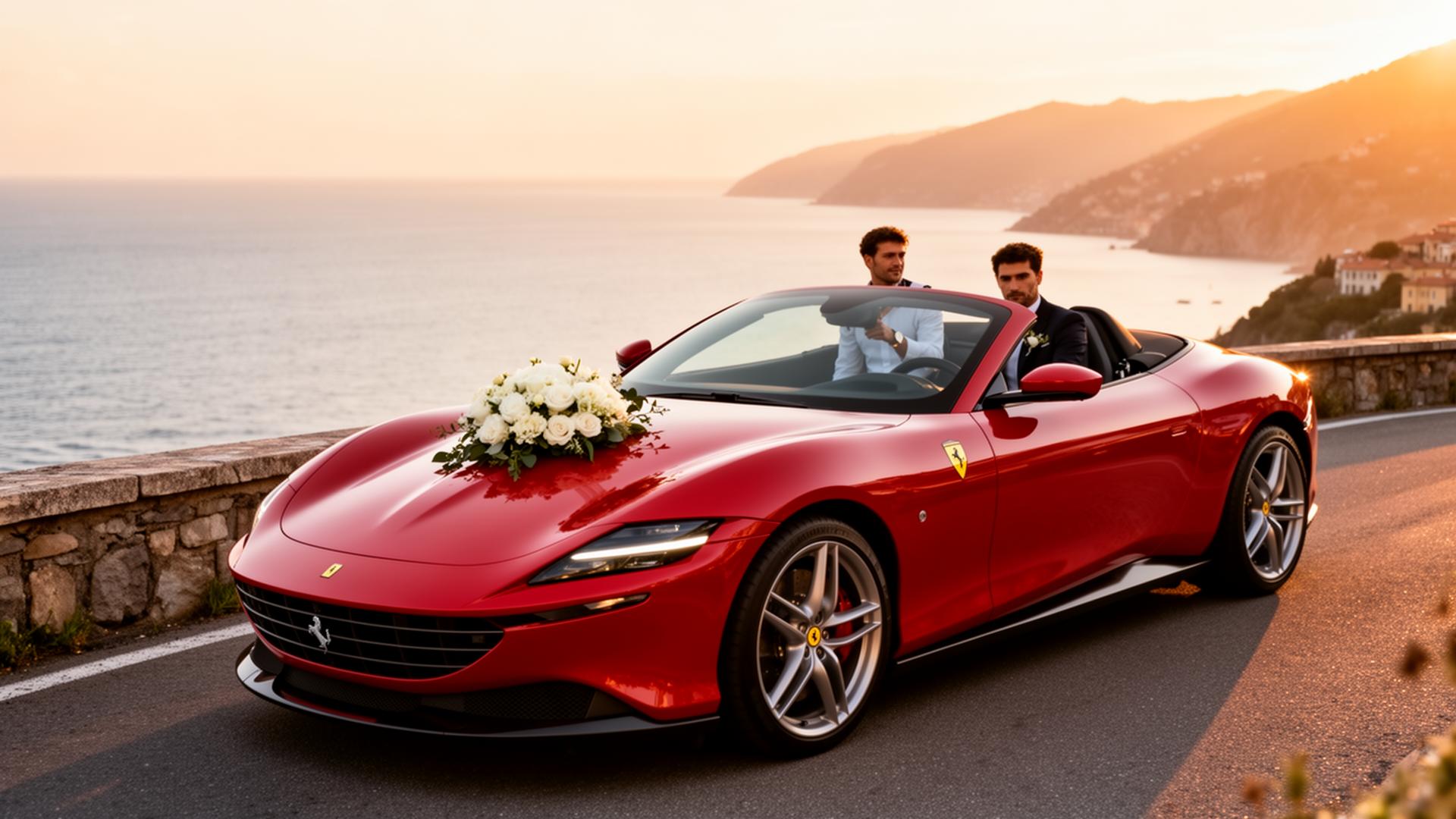 Red Ferrari Roma Spyder with white flowers on a scenic Italian road