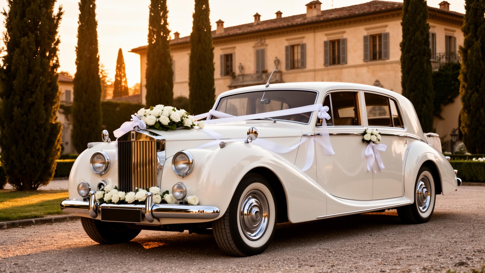 White Rolls-Royce dressed with roses for a wedding at an Italian villa