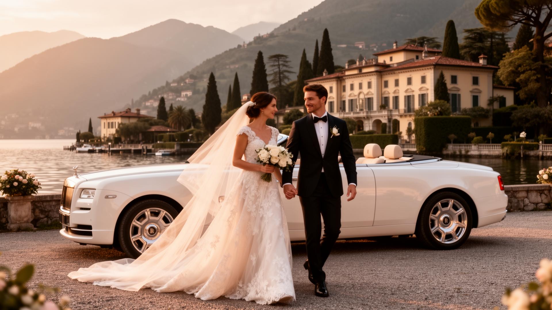 Bride and groom beside a white Rolls-Royce convertible at a Lake Como villa