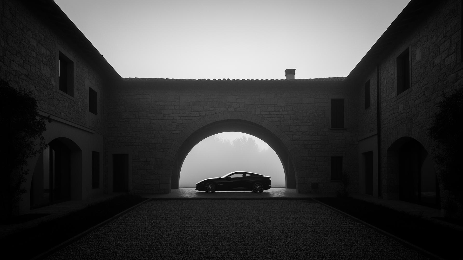 Italian villa courtyard at dawn with a Rial Rent car