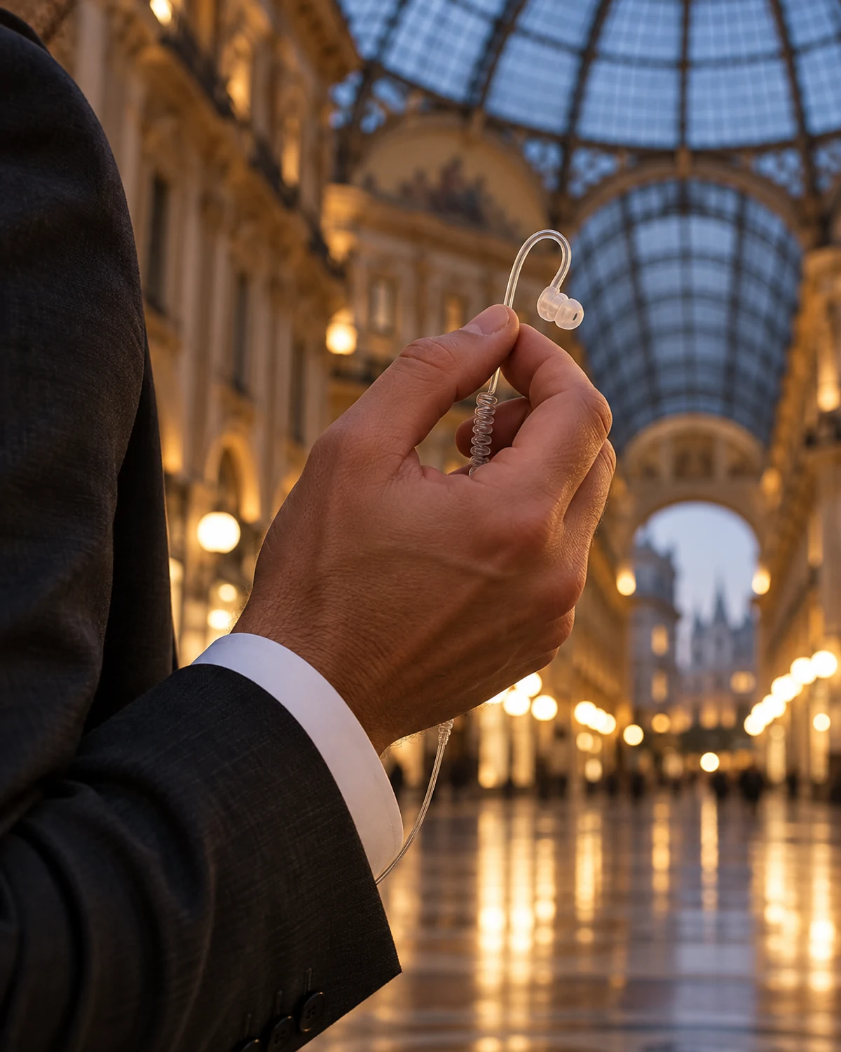 Dettaglio di una mano con auricolare discreto e polsino di camicia bianca, con sullo sfondo sfocata la Galleria Vittorio Emanuele II a Milano