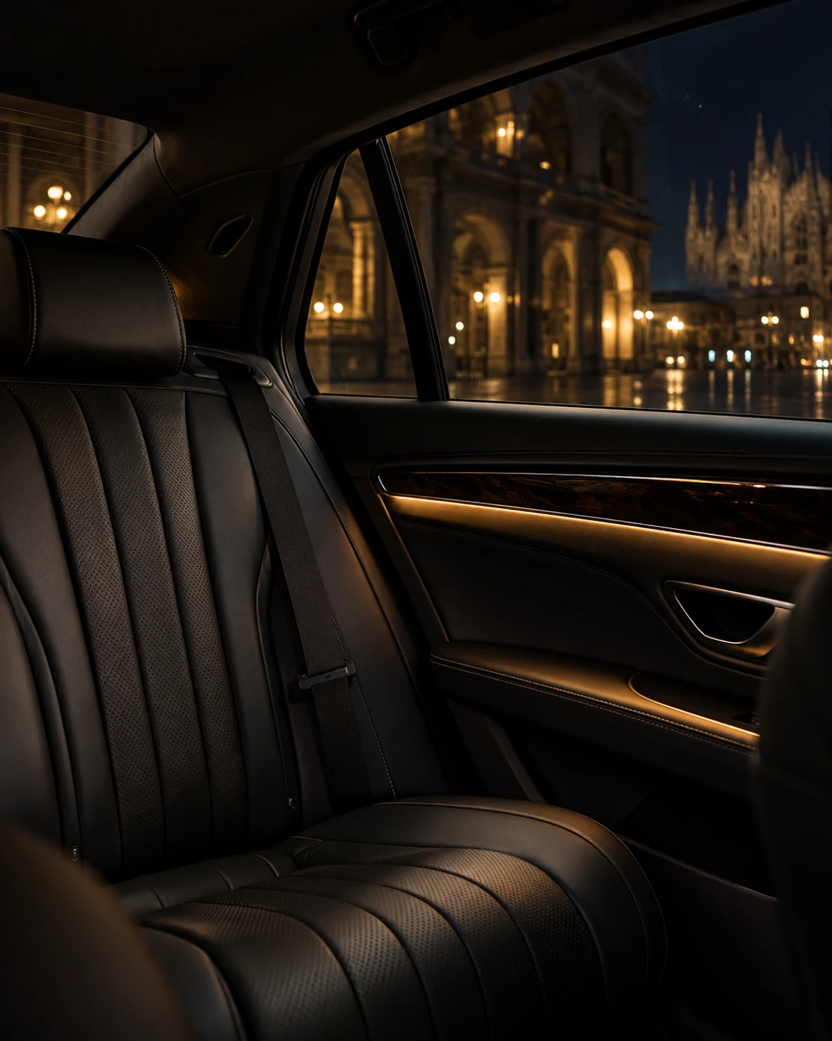 Interno di un'auto di lusso con sedile posteriore in pelle, finestrino oscurato e riflesso delle luci della città